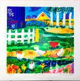 A colorful folk-art style print or painting of a farm scene with a yellow barn, white fence, trees, chickens, flowers, and a pond, shown against a white paper border with handwritten signatures at the bottom.