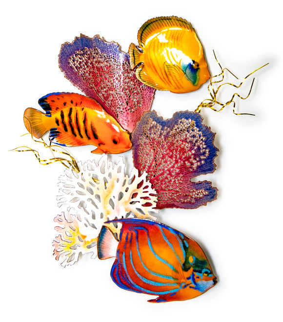 Blue Ring, Flame Angelfish, Golden Butterfly Fish Wall Sculpture