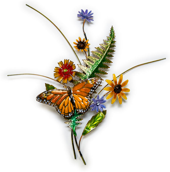 Monarch with Black Eyed Susan and Enameled Fern Wall Sculpture